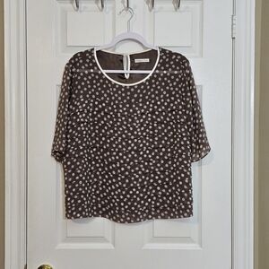Jacques Vert Lined Women's Ruffled Polka Dot Top ~ Light Brown and Cream ~ Sz 14